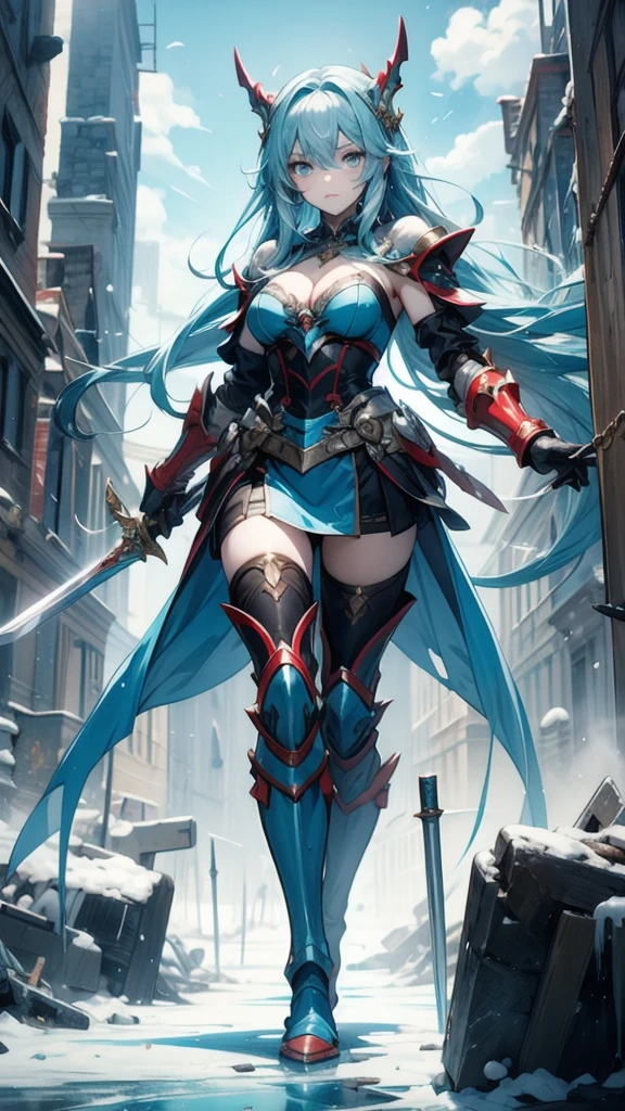 A young girl with long blue hair in braids，iron mask，Chest，cleavage，Cyan armor，tights，Iron skirt，thigh，iron boots，Ice，Sword，ruined city