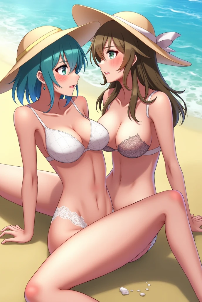 Extremely detailed image of Topaz from Honkai: Star Rail wearing lingerie and straddling on Jade’s lap (Jade is also wearing her own lingerie and signature wide brim hat) on a beach and both characters are sweating and staring intensely into each other’s eyes