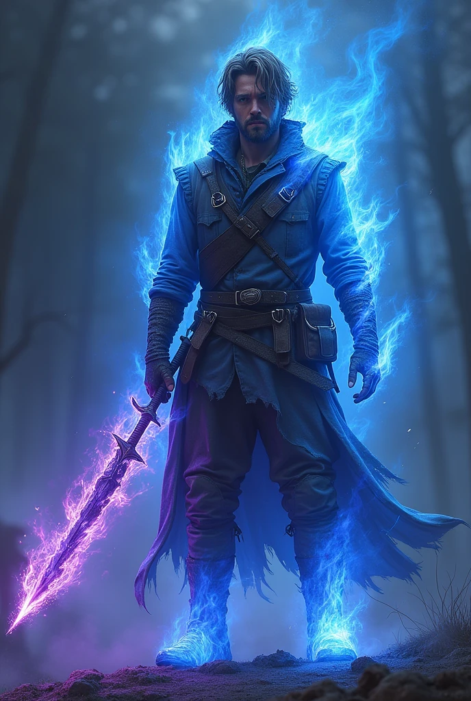 Make a man with brown hair, his body will be full of blue fire, wearing hunter clothes, he will have a skeleton sword with dark purple fire