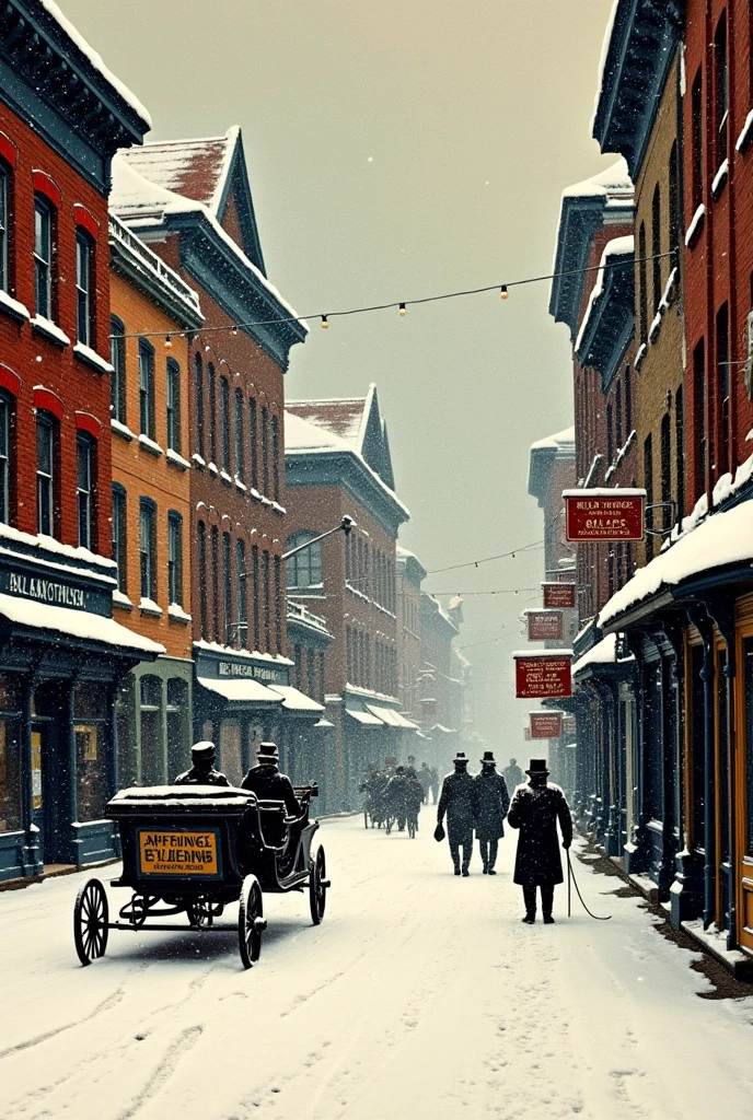 Rough hand-carved woodcut, heavily snowing day, buildings, carriages, store signs, passersby, good old-fashioned images, color, highest image quality.