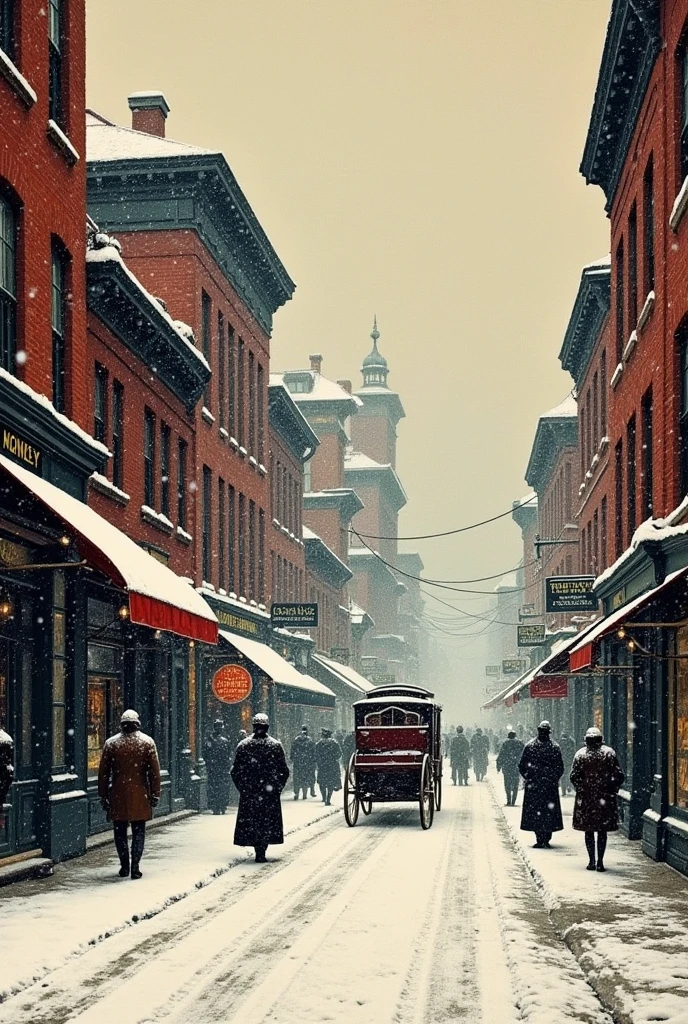 Rough hand-carved woodcut, heavily snowing day, buildings, carriages, store signs, passersby, good old-fashioned images, color, highest image quality.