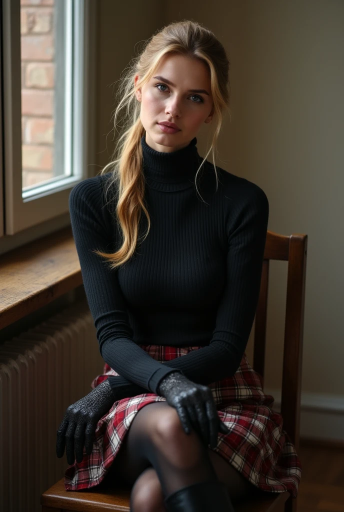 blond hair color、hair pulled back、ponytail、cute face、 she wears a turtleneck and a skirt.、black pantyhose、sitting on a chair、crossed legs、Wearing black lace gloves、wearing  boots、adult german woman、full body portrait、indoor.、