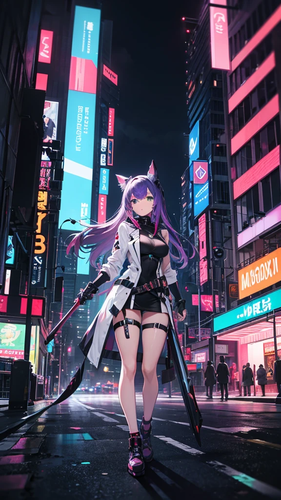an anime, of a sensual girl with purple hair, green eyes, dressed as a cyberpunk mercenary, urban style, she wields a sword in one hand and a pistol in the other, in the background a futuristic city dazzles with its neon lights.