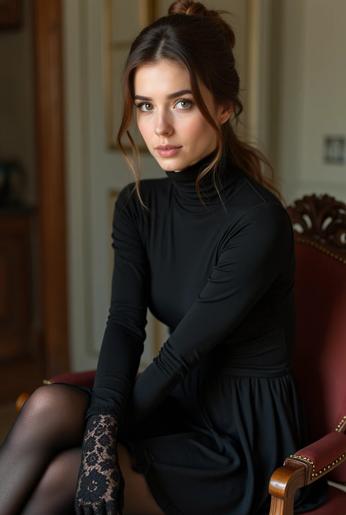 brown hair color、hair pulled back、ponytail、cute face、 she wears a turtleneck and a skirt.、black pantyhose、sitting on a chair、crossed legs、Wearing black lace gloves、wearing  boots、adult german woman、full body portrait、indoor.、