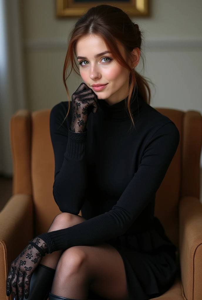 brown hair color、hair pulled back、ponytail、cute face、 she wears a turtleneck and a skirt.、black pantyhose、sitting on a chair、crossed legs、Wearing black lace gloves、wearing  boots、adult german woman、full body portrait、indoor.、