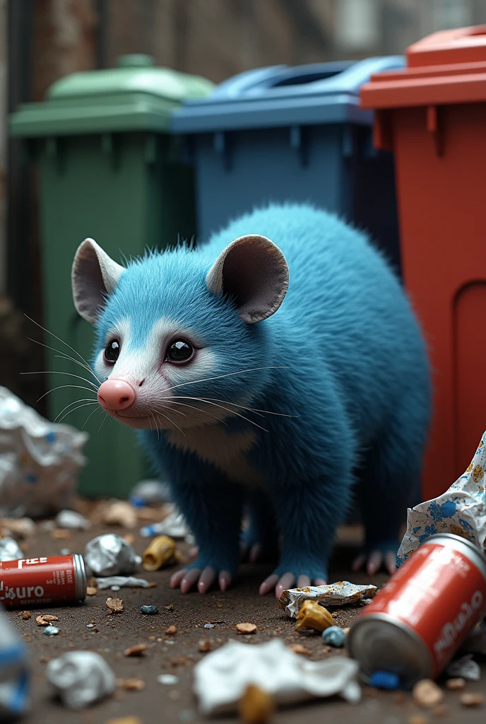 A realistic blue opossum surrounded by trash and cans with 3 recycling bins