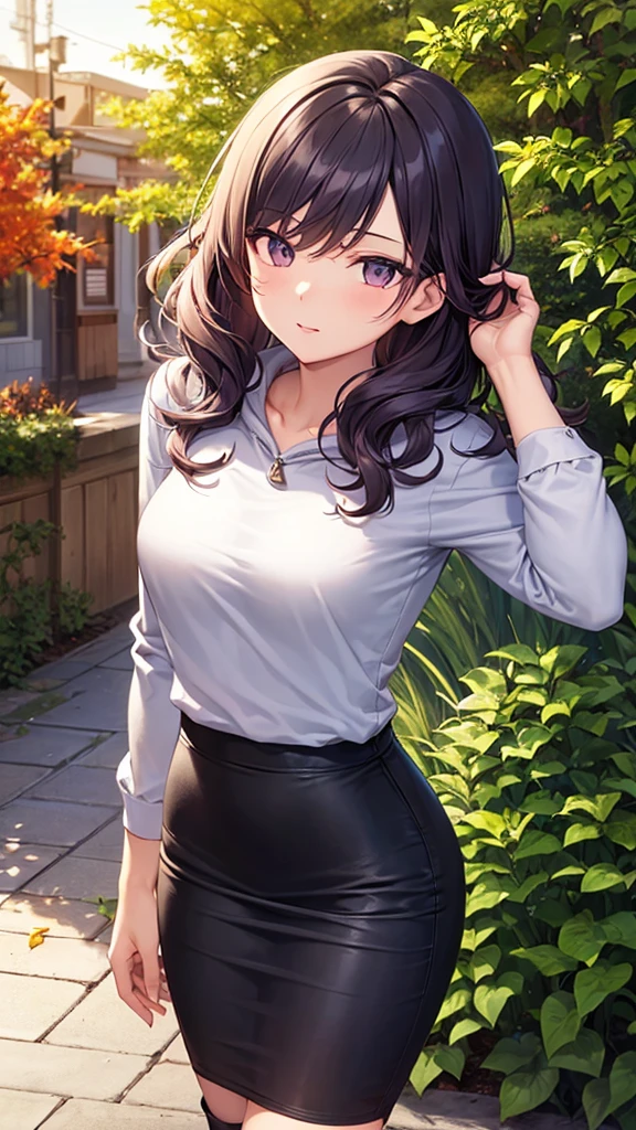 masterpiece, best quality, high detail, beautiful woman, wavy hair, dark purple hair, gray hoodie, black midi pencil skirt, long black pencil skirt, upper body, leather boots, looking at viewer, hand behind head, fall garden, leaves, sidewalk, backyard, 