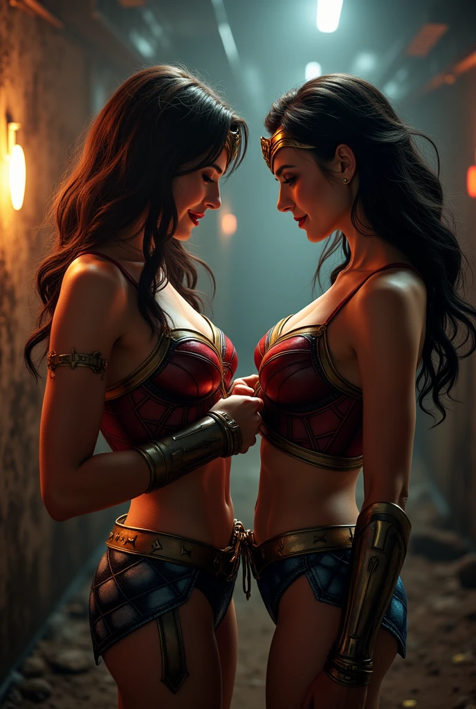 Harley Quinn showing her breasts to Wonder Woman