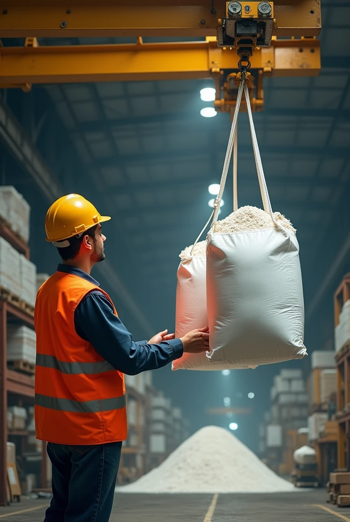 employee operating the overhead crane by control, two bags of virgin lime

