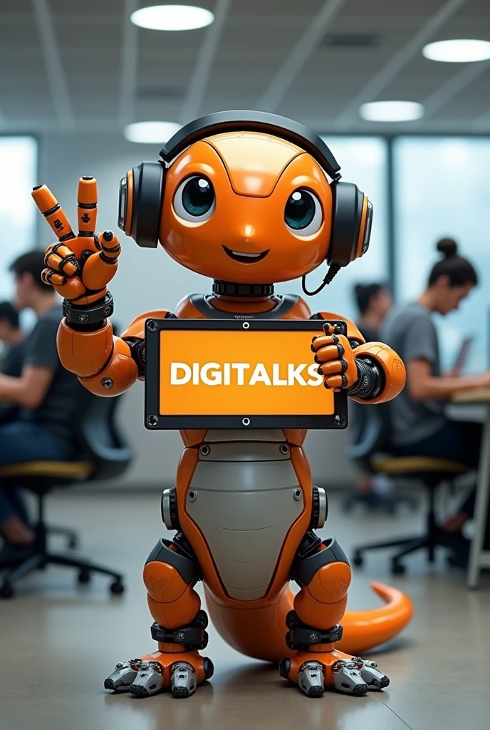 A robot salamander. Predominant Colors, orange, gris, black andwhite. Body color, orange. head, arms and legs, Use neutral colors, gris, black andwhite. Ela está fazendo com uma mão o Sign of vitória (Sign of "in").  In the other hand she holds a large digital sign that reads "DIGITALKS". She wears black headphones. The setting is an office, In the background there are people sitting at tables and working. Your big eyes, black and white. He has a friendly and cheerful look.