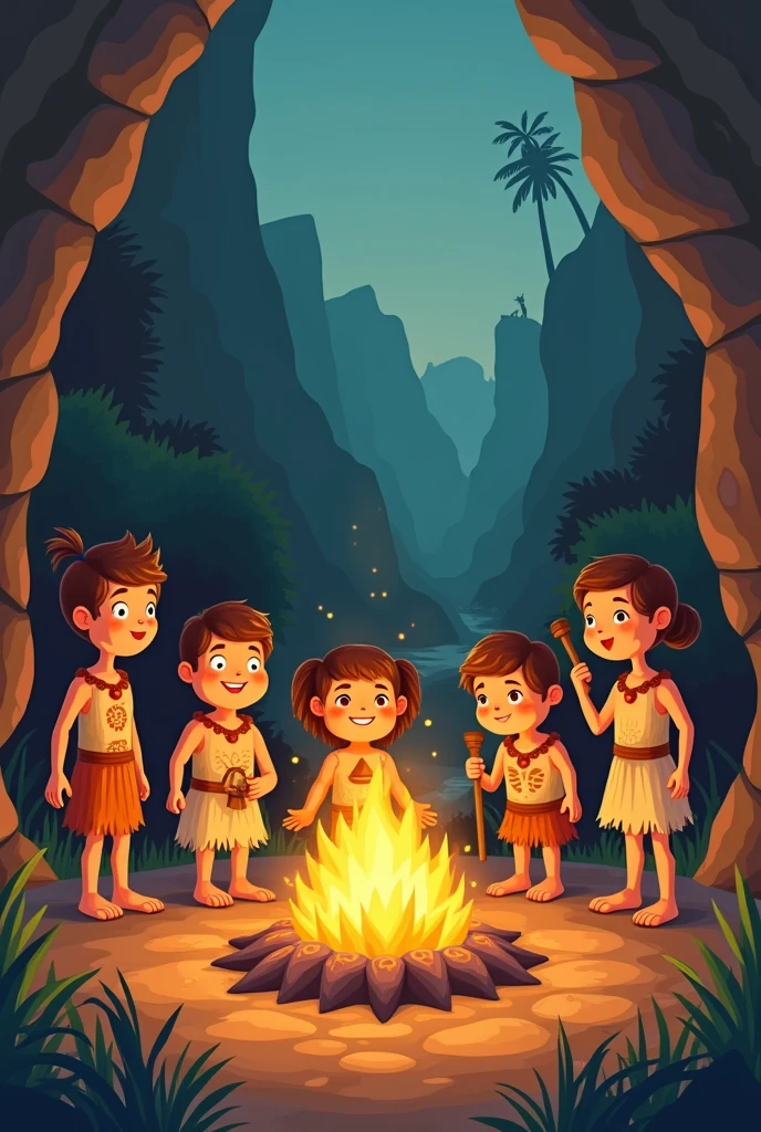create an illustration of a prehistoric scenario, where people lived in caves, wore clothes made from animal skins and hunted to get food, this image must be cute pixar style for a children's story book, it must have a bonfire