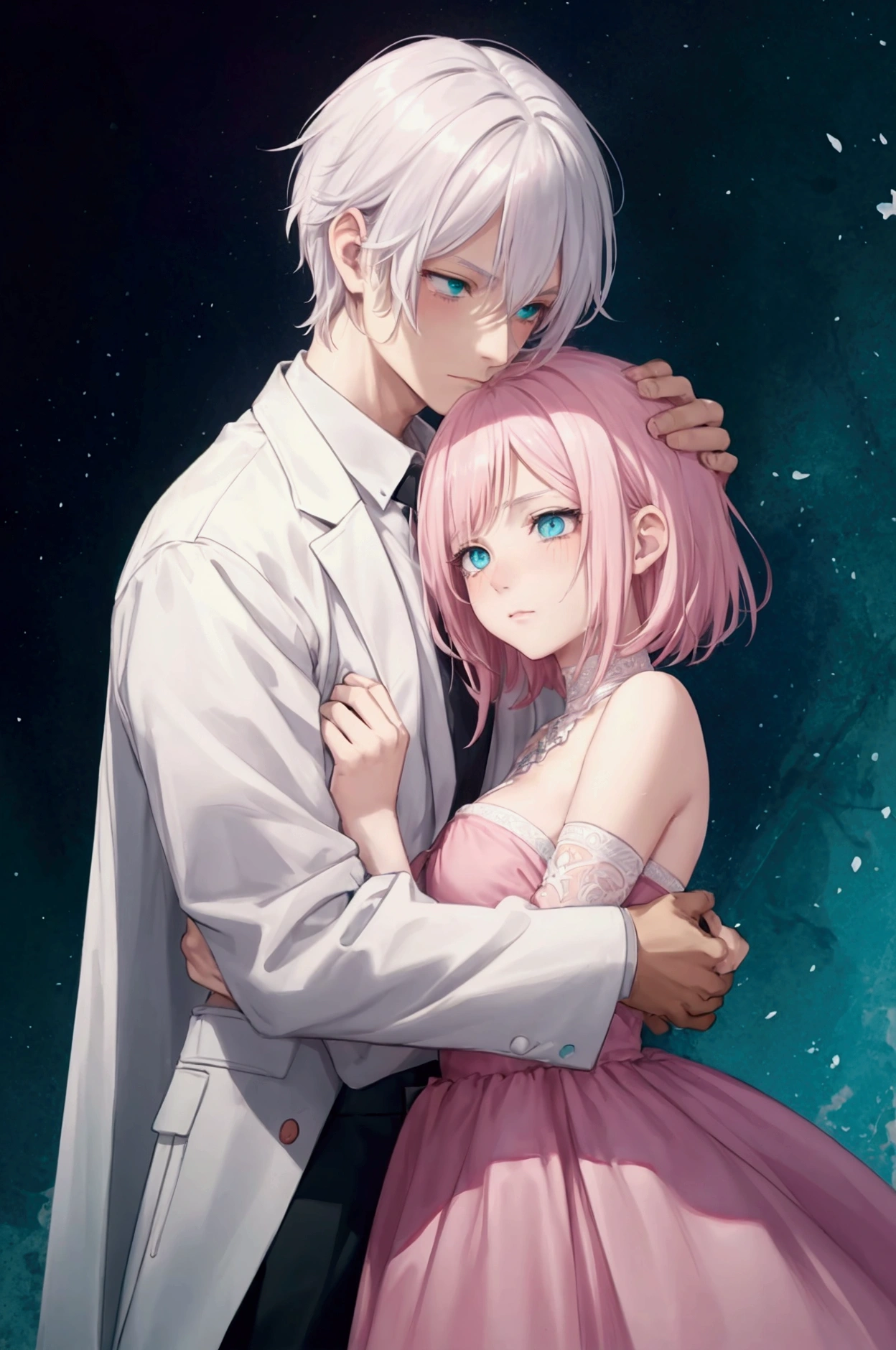 Drawing of a man holding a woman in his arms, emotional image, sad image, concept art of love, fane art, inspired by gege akutami, the girl has short pink hair and green eyes, the boy has white hair and blue eyes, fair skin, tall, mature features.