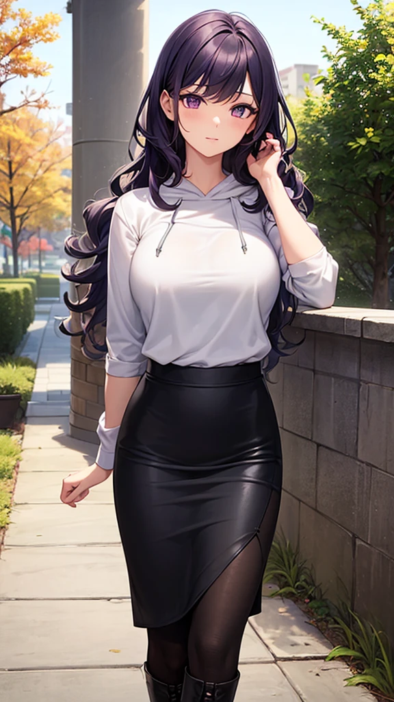 masterpiece, best quality, high detail, beautiful woman, wavy hair, dark purple hair, gray hoodie, black midi pencil skirt, long black pencil skirt, upper body, leather boots, looking at viewer, fall garden, leaves, sidewalk, backyard,