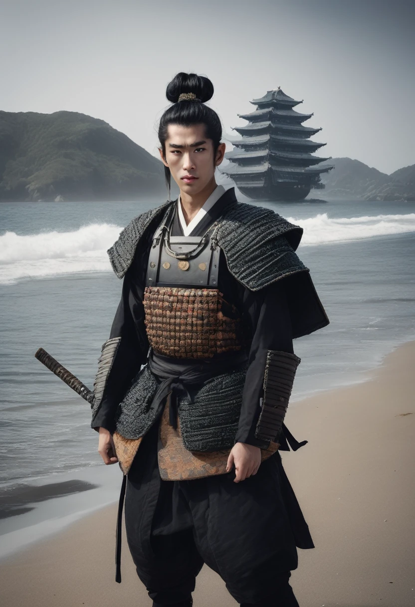 ((best quality)), ((masterpiece)), (detailed)), Portrait of an 18-year-old young samurai with black hair tied in a traditional samurai bun, wearing black samurai armor made of scales, standing on a beach with a ship in the background. Camera angle: Medium shot, capturing the strength and resolve of the samurai, with the serene yet powerful beach setting enhancing the scene.