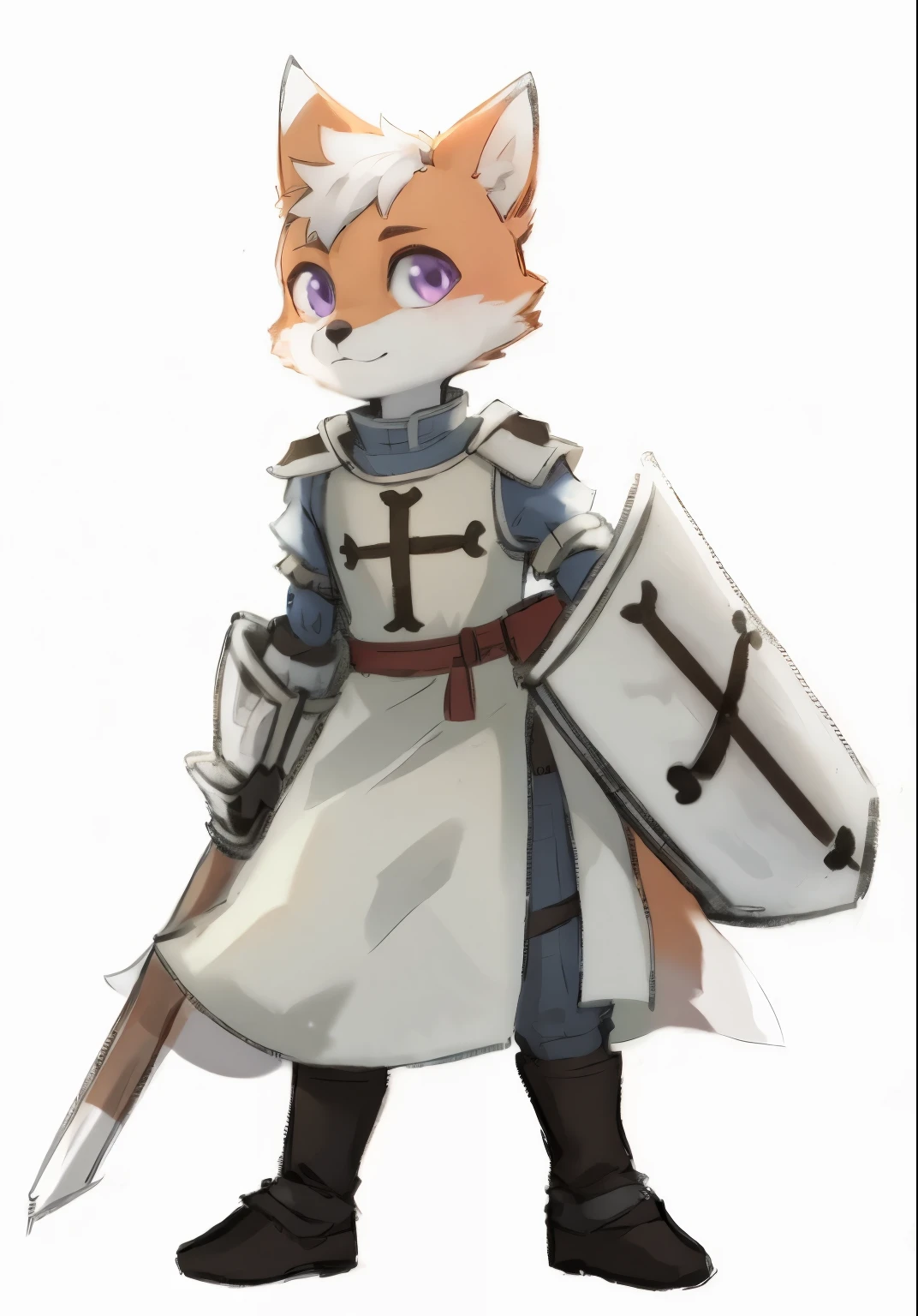 12-year-old anthropomorphic male fox,Orange fur,No hair,Purple Eyes,with a tuft of white hair on top of its head,Wearing 13th century knight clothes