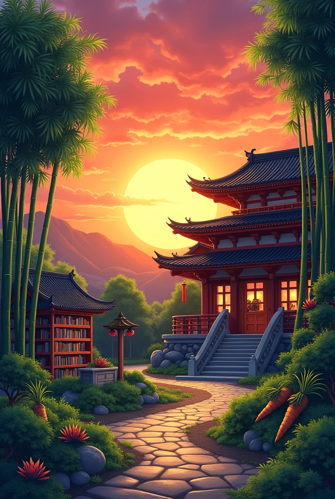 A sunset with a Japanese temple ,Carrots ,bamboo ,bookshelves with books and in animated mode