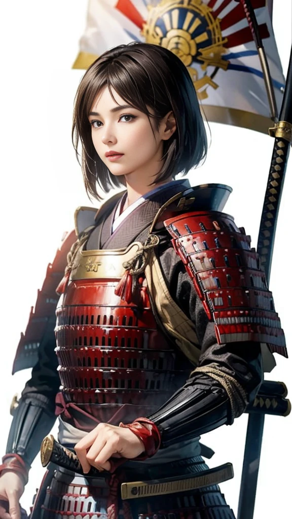 Beautiful woman with dark hair:1.3, Amazing character art, ((samurai armor:1.3 )),((Pure white background)), (8k, RAW photo, best quality), Handsome Face 2. 5D CGI Fantasy Artwork, Detailed digital art, Very nice work of art, Fan Art Best Art Station,(A female general gives orders to her soldiers:1.3),Muscular,(samurai:1.2),dynamic,(Nervous),samurai:1.2,Japan