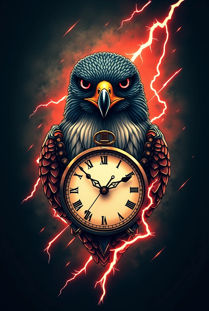 Create a tattoo with the face of a falcon, a clock and lightning bolts.
