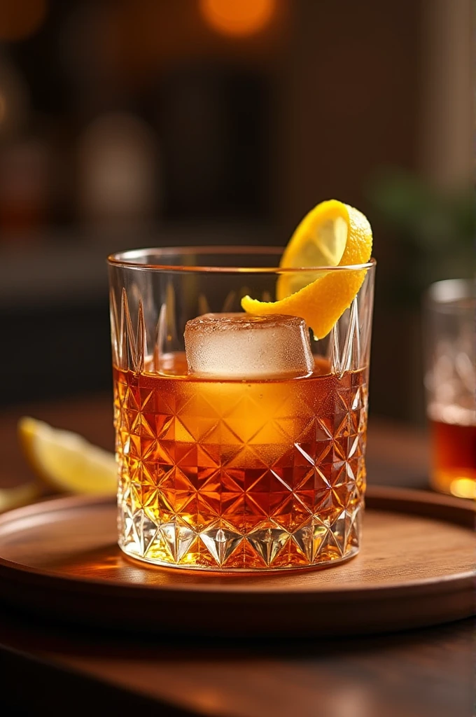 Create an image of a classic cocktail served in a faceted, crystal old-fashioned glass filled with amber liquid, likely an Old Fashioned or whiskey-based drink. The drink is served over large ice cubes, with a garnish of a twisted lemon or orange peel elegantly draped on the rim. The glass is placed on a wooden surface, possibly a tray, with a blurred background suggesting a cozy, sophisticated setting. The lighting is warm and soft, highlighting the rich color of the drink and the intricate details of the glass.