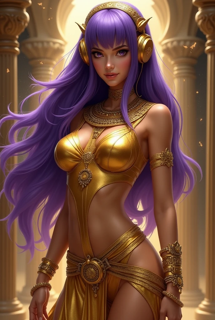 Korean purple hair butterfly woman with headphone in golden outfit Of short sexy golden Egyptian Goddess perfect full body very short showing buttocks 