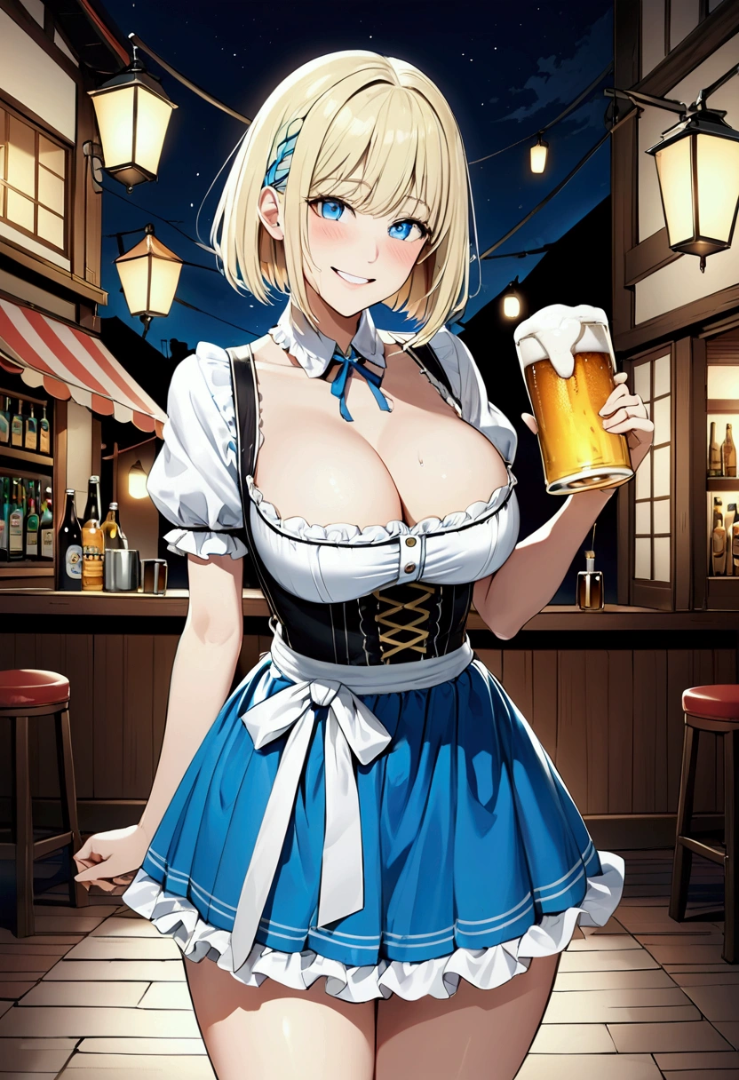 (((one person&#39;s))),  Blonde, Bobcut, chest, from the front, (Cowboy Shot), Standard body, (View your viewers), ((Black and white dirndl)), Germany, ager, Tilt your head:1.3, (((blue eyes))), ((Smile)), (Highest quality, 4K, 8k, High resolution, masterpiece:1.2, Very detailed, Very detailed eyes,(Full Body Shot), , ((bar)), Dark Night,lamp、Beer 、Beer Glass、 (Observe the audience:1.3) chestを開く, Very slim, Big Breasts, focus on, in front of the eyebrows, Thick thighs((Gathered skirt)),Wet with sweat,((chestの谷間に汗をかく))((腕でchestの谷間を強調する)),Laughing with your mouth open