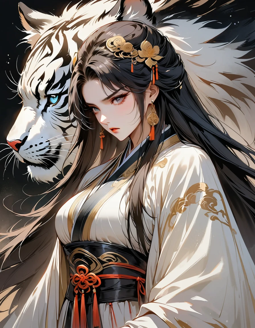 (masterpiece, Highest quality:1.2), 1 person, alone,2D,wonderful,Inspired by the myths and legends of Guilin, China:Liu Sanjie,A bust of woman White的长发,Iris, woman, Wearing a Mantle on Her Head, Metal Jewelry, Serious expression, Aggression, Head Down, Hanfu, Black clothes, Cold look, Hair loss, (Ink stains) Beautiful Portraits, Clothing Black and white ink style, Delicate skin, watercolor, soft, Martial Arts Style, Ethnic Style, Exquisite and beautiful face, girdle, Sharp Eyesight,Black Theme,The Brutal Beast Behind,Tiger,Body movements,whole body,shoes,shoes下美少女 White 白Tiger White hair color