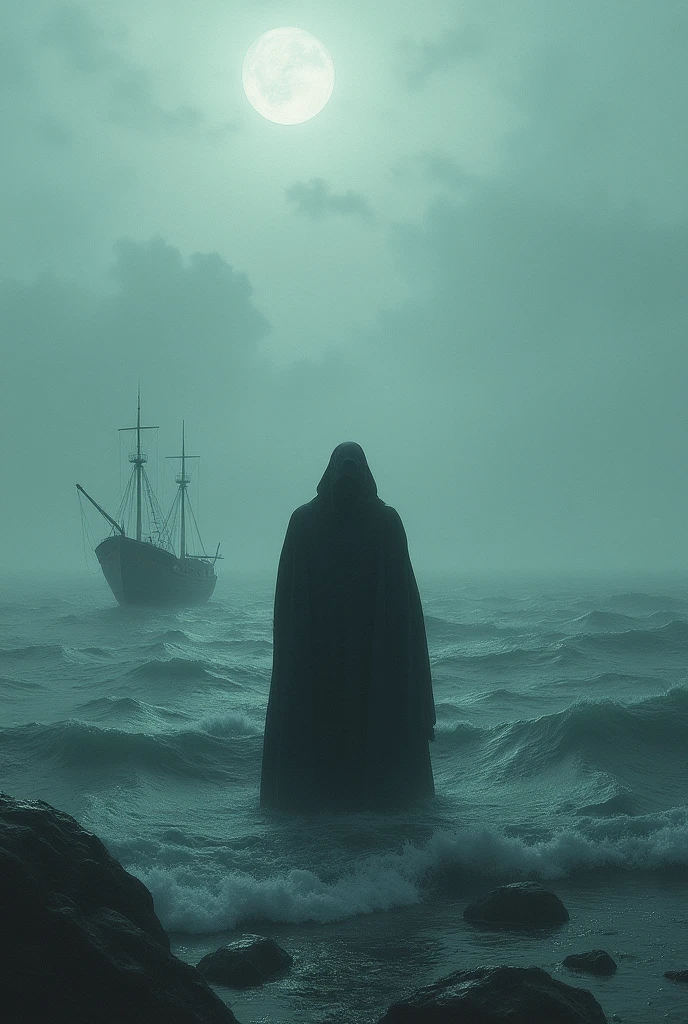 Standing in the sea, cough, There is a small fishing boat nearby.。, A spectacular sight, Gloomy mood, Surrealism, Chiaroscuro, Light, Wide-angle lens, masterpiece, Accurate, Anatomically correct, Super Detail, Attention to detail, Highest quality