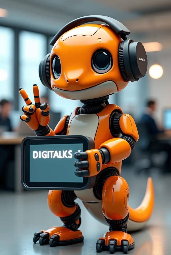 A robot salamander. Predominant Colors, orange, gris, black andwhite. Body color, orange. head, arms and legs, Use neutral colors, gris, black andwhite. Ela está fazendo com uma mão o Sign of vitória (Sign of "in").  In the other hand she holds a large digital sign that reads "DIGITALKS". She wears black headphones. The setting is an office, In the background there are people sitting at tables and working. Your big eyes, black and white. He has a friendly and cheerful look.