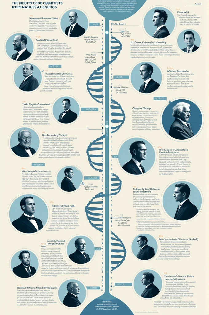 Create an image with these requirements that I can put the timeline in my notebook . Science is a collective construction, that develops from the collaboration of various scientists. Make a timeline indicating the scientists presented in this Topic and how they collaborated to build the current knowledge in Genetics