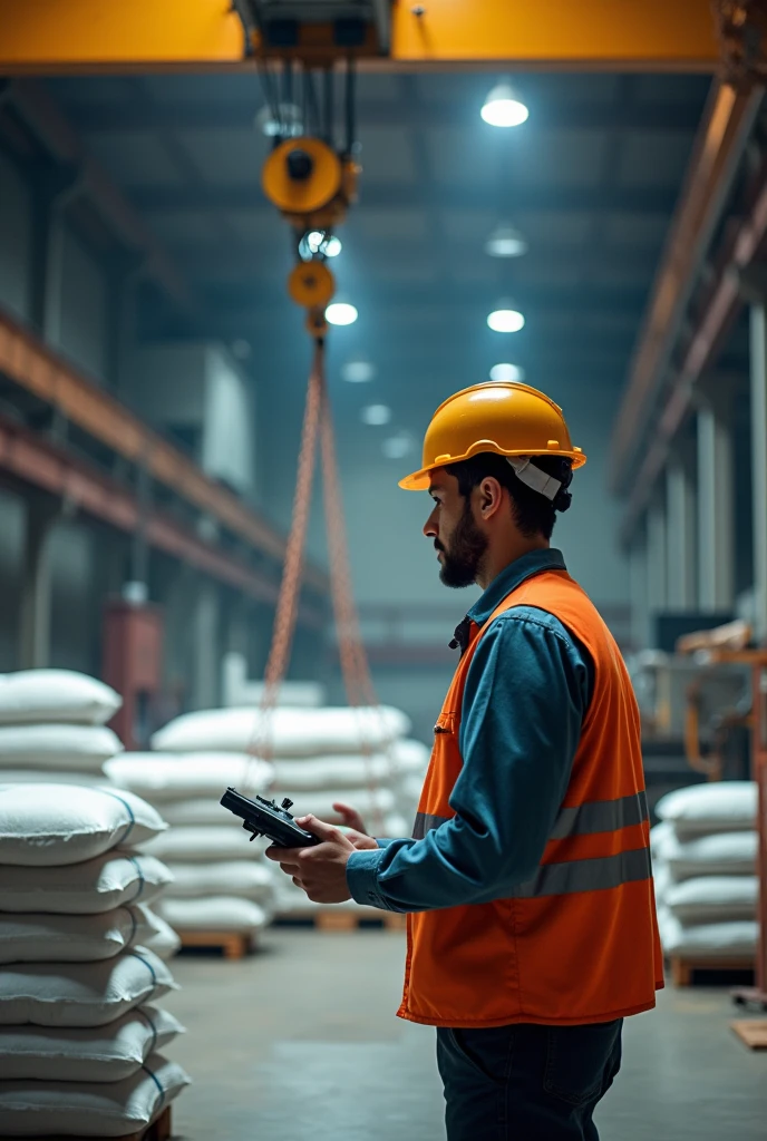employee operating overhead crane with bags of quicklime using remote control
