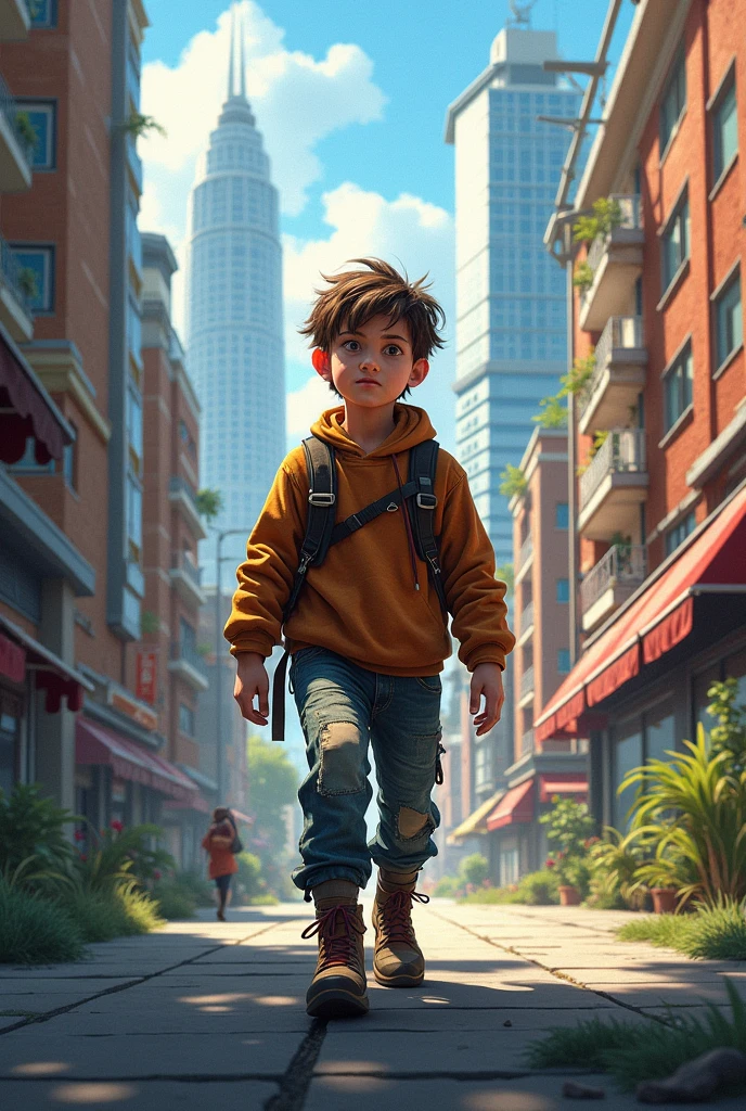 Generate the image for the title Urban Nomad along with a boy, the title should be visible in the image