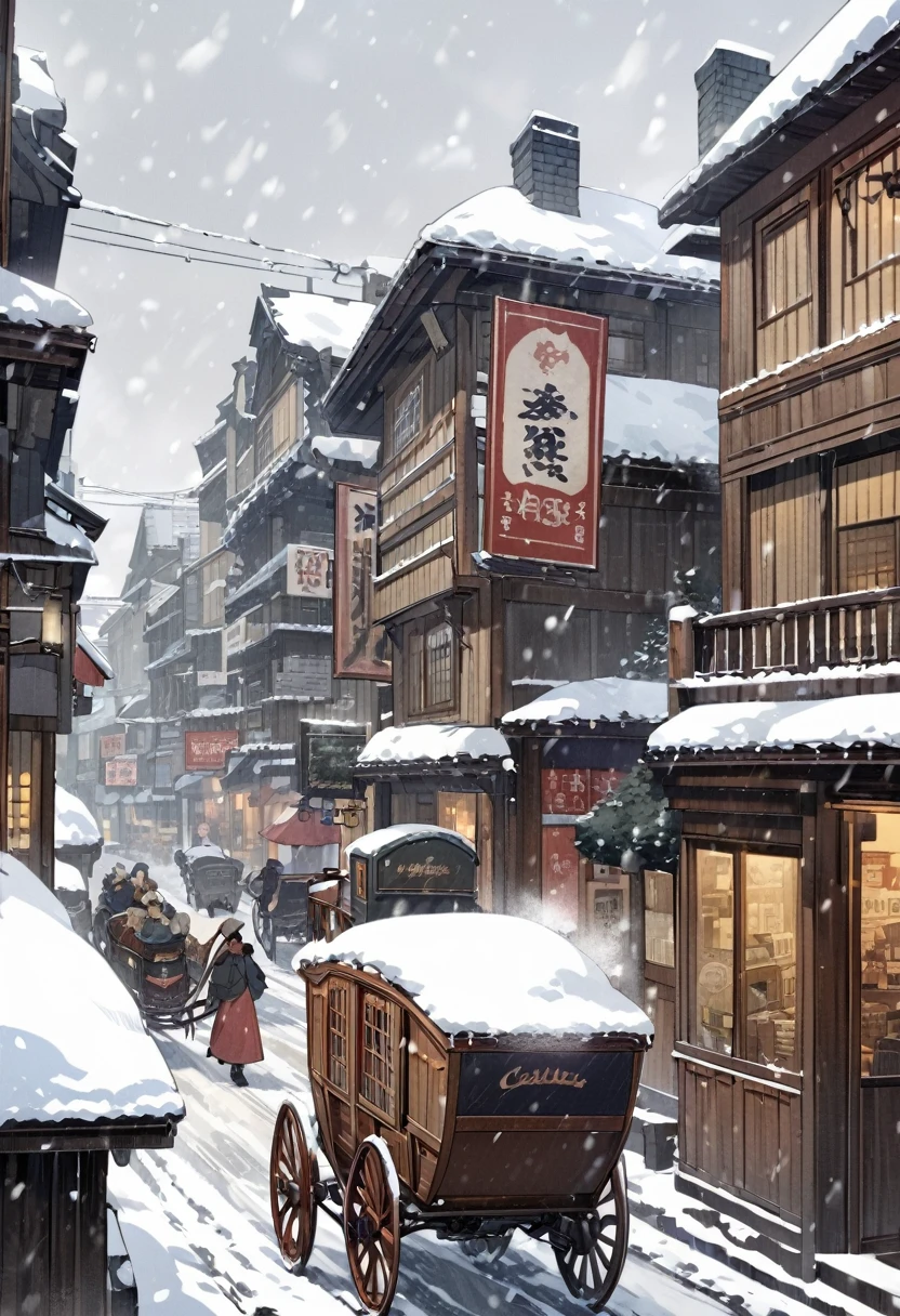Rough hand-carved woodcut, heavily snowing day, buildings, carriages, store signs, passersby, good old-fashioned images, color, highest image quality.