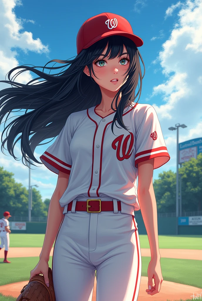 baseball　Women　Black Hair　Long Hair　Pixiv style illustration