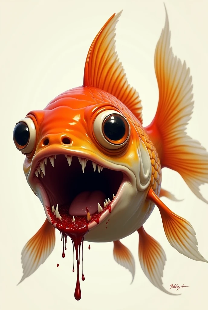 Caricature of a goldfish, realistic, 2d, with bloody sharp teeth