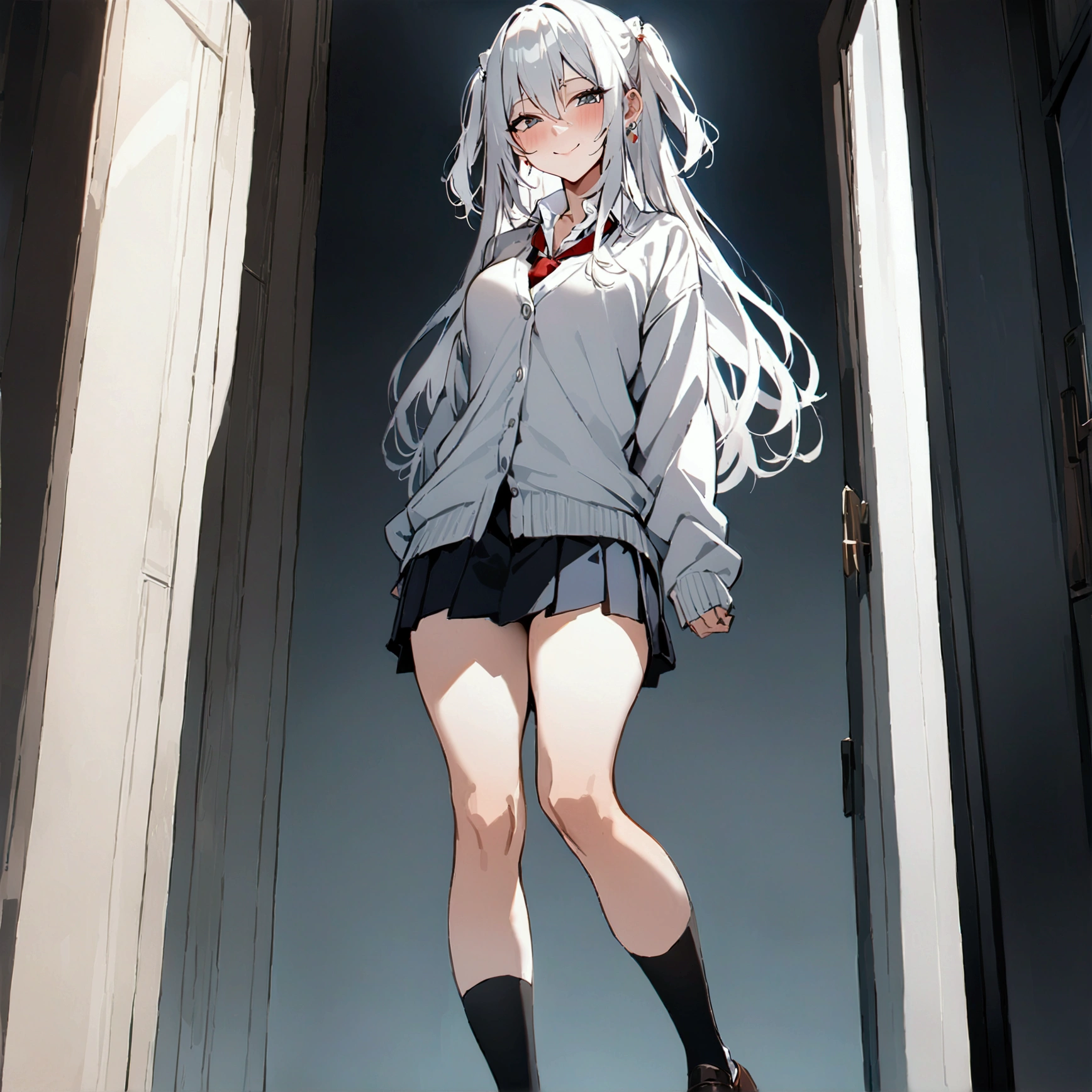 NSFW,masterpiece,Highest quality,High resolution,Super detailed,Shishirabotan\(Ho****ve\),Long Hair、Two Side Up、Earrings、school uniform,cardigans,miniskirt,socks,standing,smile