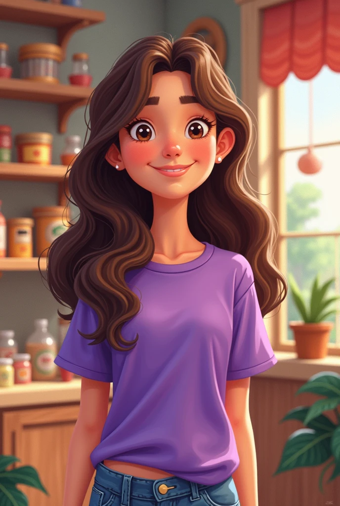 2D style girl , brown hair and purple shirt, in a store