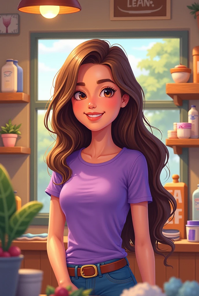 2D style girl , brown hair and purple shirt, in a store