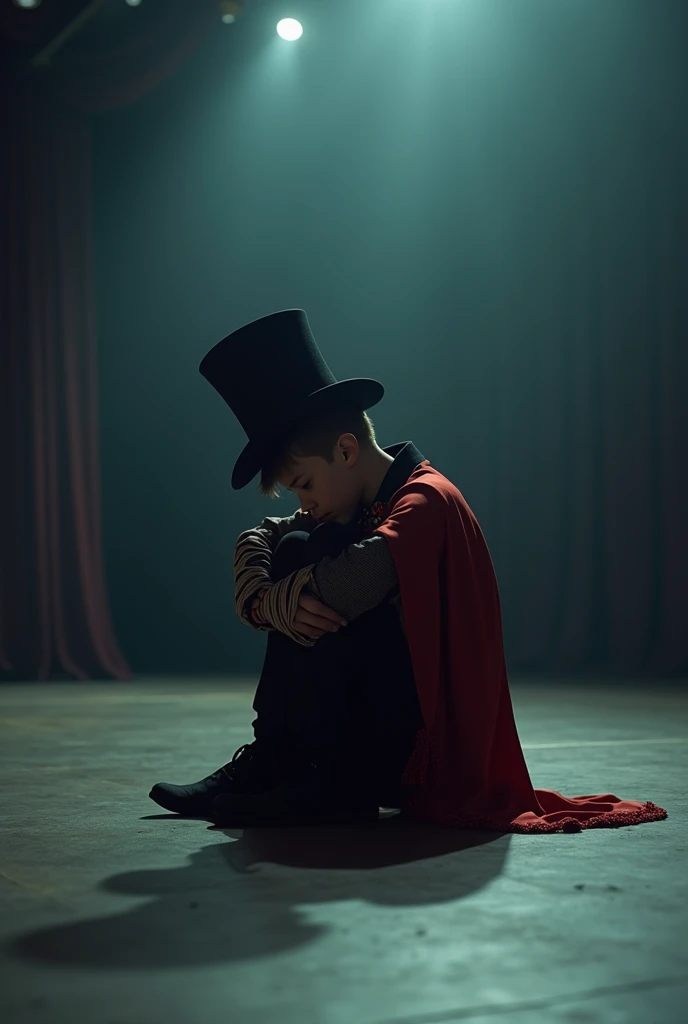 I need an image of a sad age boy sitting alone in the middle of a deserted theater stage. The boy is dressed as a magician and you can see the disappointment on his face., he's hugging his legs in profile, but you can see his face
