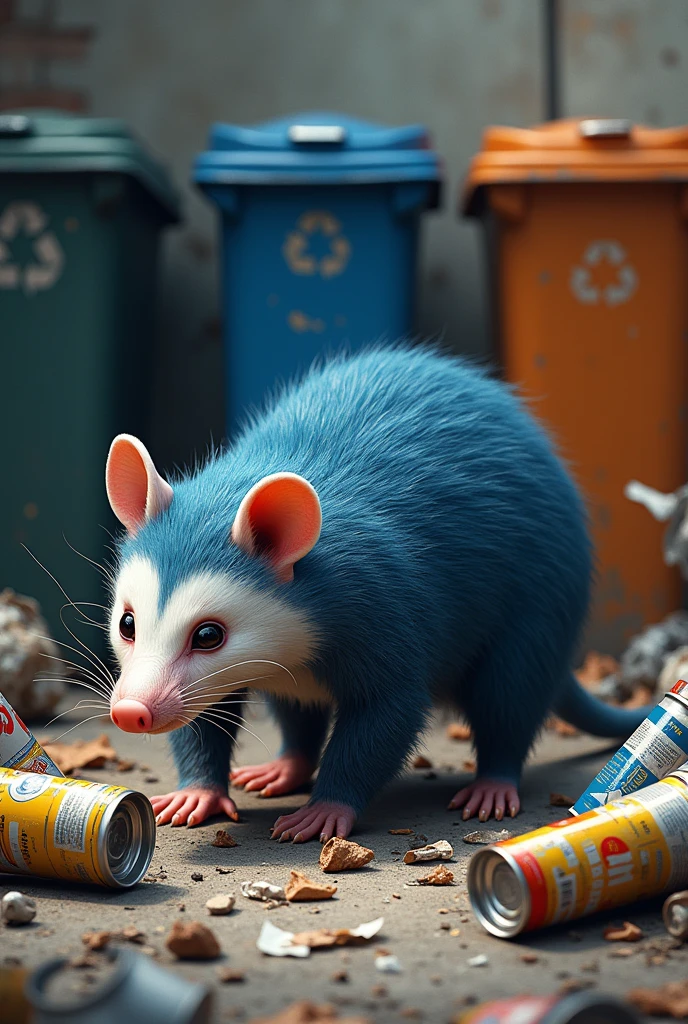 A realistic blue opossum surrounded by trash and cans with 3 recycling bins 
