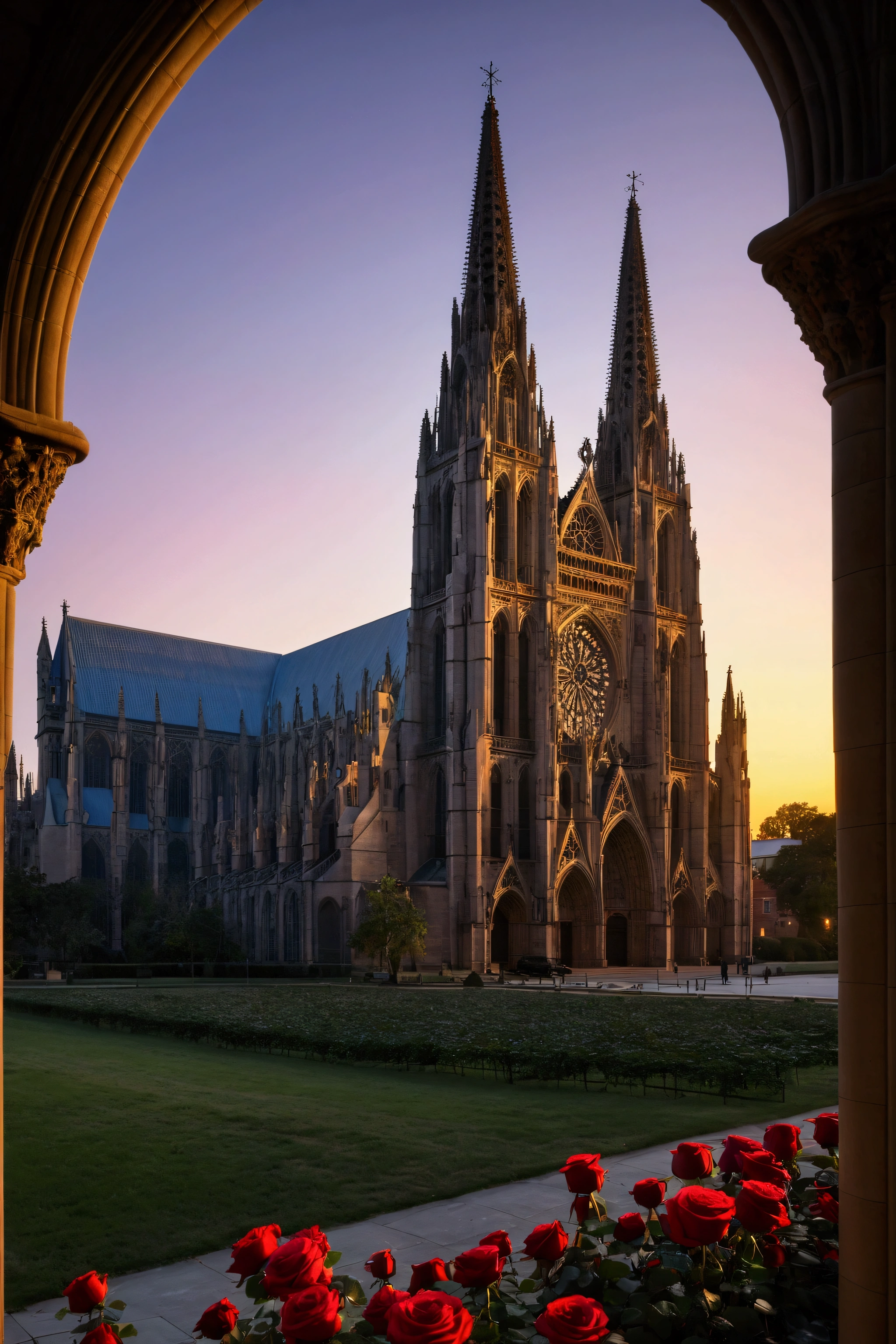 Create a captivating image of a towering Gothic cathedral at dusk, where the fading light casts elongated shadows that accentuate the intricate details of its architecture. The cathedral should be depicted with its grand spires reaching towards the sky, adorned with delicate stone carvings of gargoyles, saints, and other religious figures. The facade should feature a large rose window with colorful stained glass, reflecting the remaining light and adding a subtle, mystical glow to the scene.