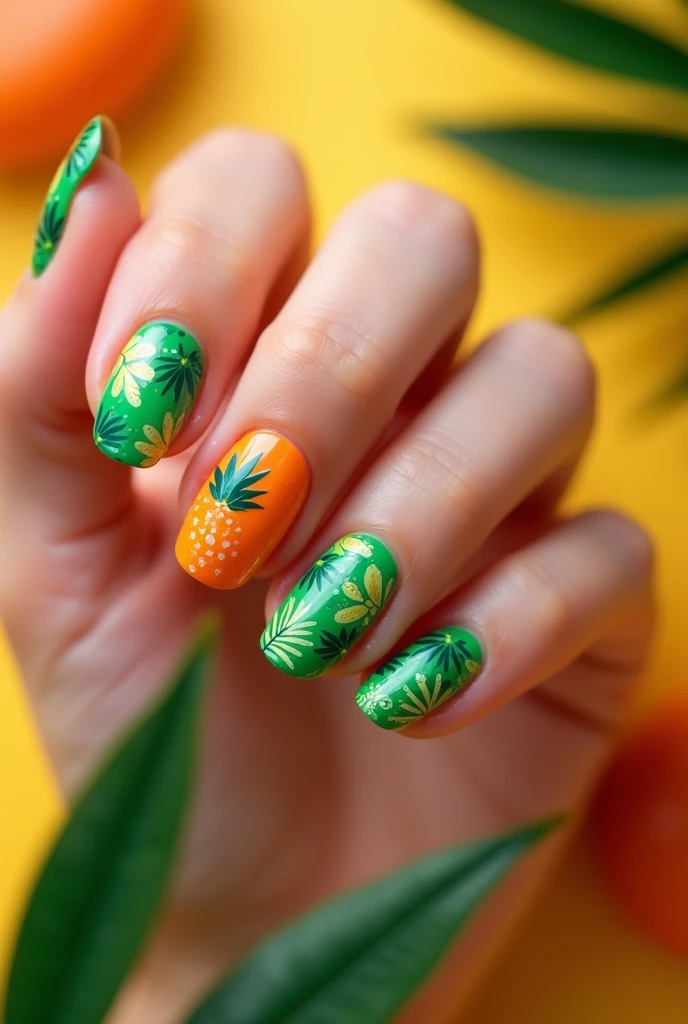 Tropical Delight Nail Art: Experience a burst of tropical vibrancy with a close-up of beautifully manicured nails. Each nail is painted in a striking blend of bright orange and lush green, capturing the essence of a tropical paradise. The design features intricate, playful patterns of tropical leaves and fruits, adding a lively and cheerful touch to your fingertips. Set against a backdrop that complements the vibrant nail colors, this nail art exudes a sunny, festive spirit, perfect for embracing the warmth and joy of tropical vibes.

