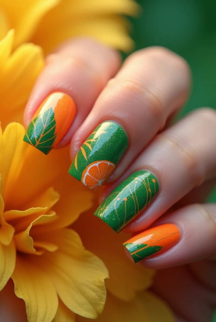 Tropical Delight Nail Art: Experience a burst of tropical vibrancy with a close-up of beautifully manicured nails. Each nail is painted in a striking blend of bright orange and lush green, capturing the essence of a tropical paradise. The design features intricate, playful patterns of tropical leaves and fruits, adding a lively and cheerful touch to your fingertips. Set against a backdrop that complements the vibrant nail colors, this nail art exudes a sunny, festive spirit, perfect for embracing the warmth and joy of tropical vibes.