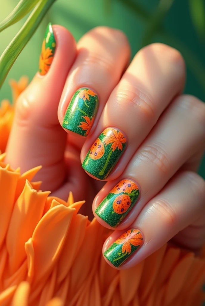 Tropical Delight Nail Art: Experience a burst of tropical vibrancy with a close-up of beautifully manicured nails. Each nail is painted in a striking blend of bright orange and lush green, capturing the essence of a tropical paradise. The design features intricate, playful patterns of tropical leaves and fruits, adding a lively and cheerful touch to your fingertips. Set against a backdrop that complements the vibrant nail colors, this nail art exudes a sunny, festive spirit, perfect for embracing the warmth and joy of tropical vibes.