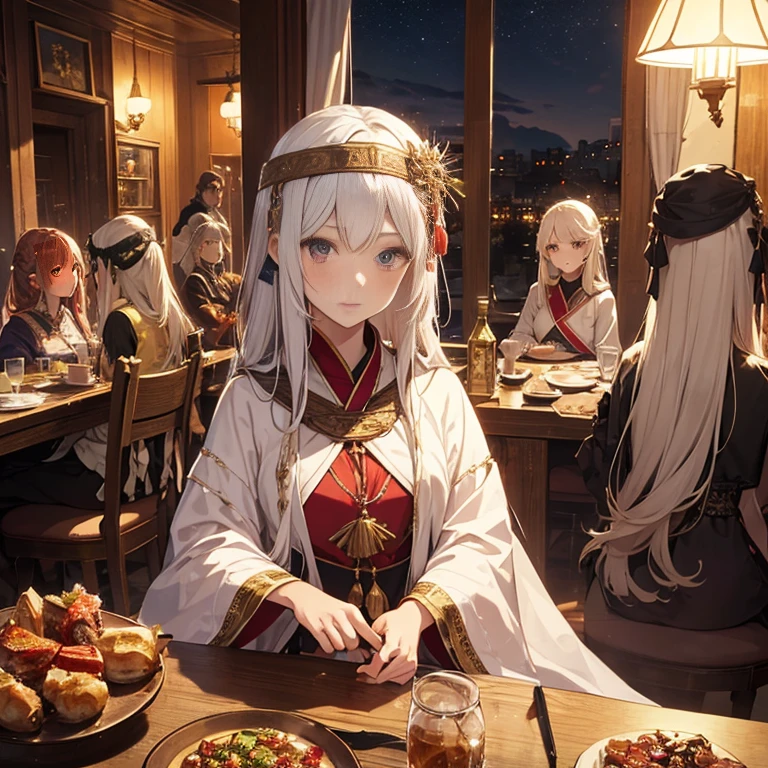 A group of priestess, (in tavern), various hair styles, harem, night, details face, seducing, ceremonial outfit, multiple girls