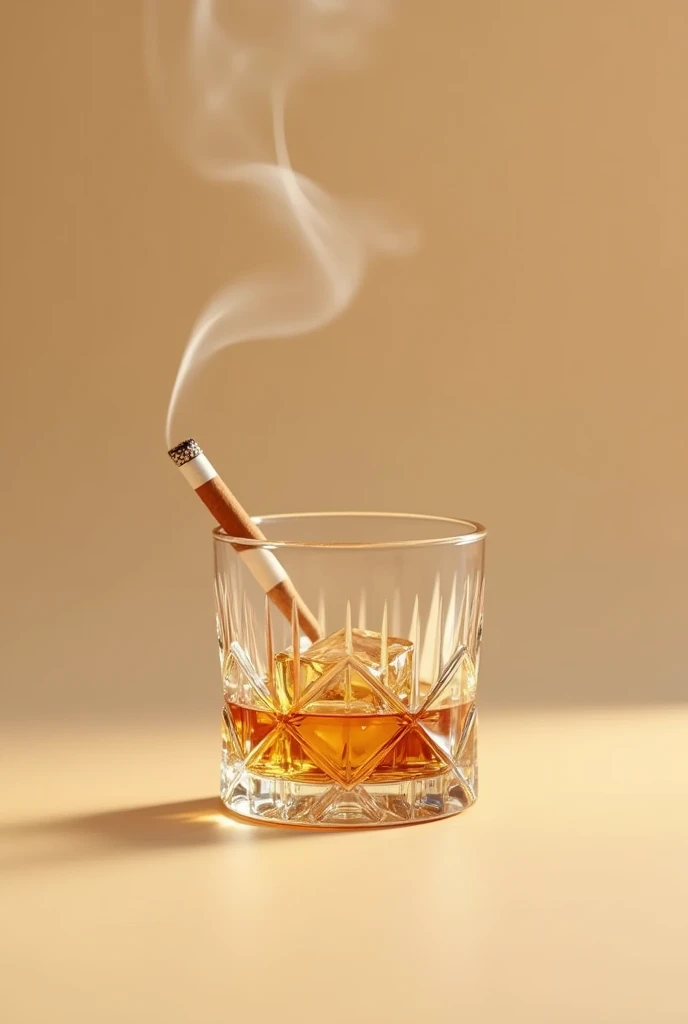 smaller short glass of wiskey with many cristal details and ice inside taking a realistic photo with beige background and a tabaco in the air with a cigarrete