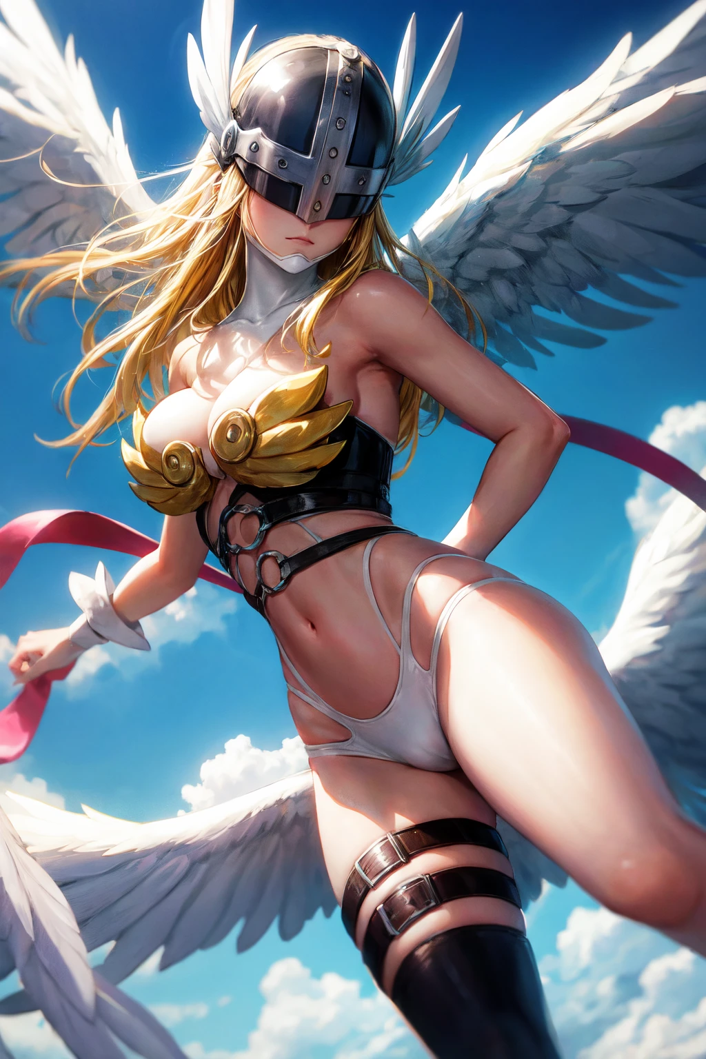 cuerpo completo, angewomon, long hair, breasts, blonde hair, large breasts, huge breasts, ribbon, navel, cleavage, bare shoulders, closed mouth, wings, o-ring, belt, thigh strap, helmet, head wings, feathered wings, facing viewer, angel wings, white wings, asymmetrical clothes, covered eyes, multiple wings, digimon (creature), winged helmet, anime screencap, (obra maestra:1.1), (La mejor calidad:1.1), (Colores vivos:1.1)