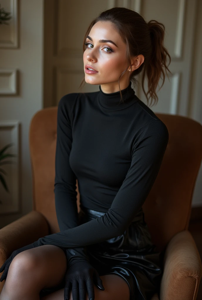 brown hair color、hair pulled back、ponytail、cute face、 she wears a turtleneck and a skirt.、black pantyhose、sitting on a chair、crossed legs、Wearing black satin gloves、wearing boots、adult german woman、full body portrait、indoor.、