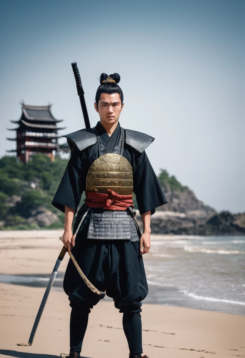 ((best quality)), ((masterpiece)), (detailed)), Portrait of an 18-year-old young samurai with black hair tied in a traditional samurai bun, wearing black samurai armor made of scales, standing on a beach with a ship in the background. Camera angle: Medium shot, capturing the strength and resolve of the samurai, with the serene yet powerful beach setting enhancing the scene.