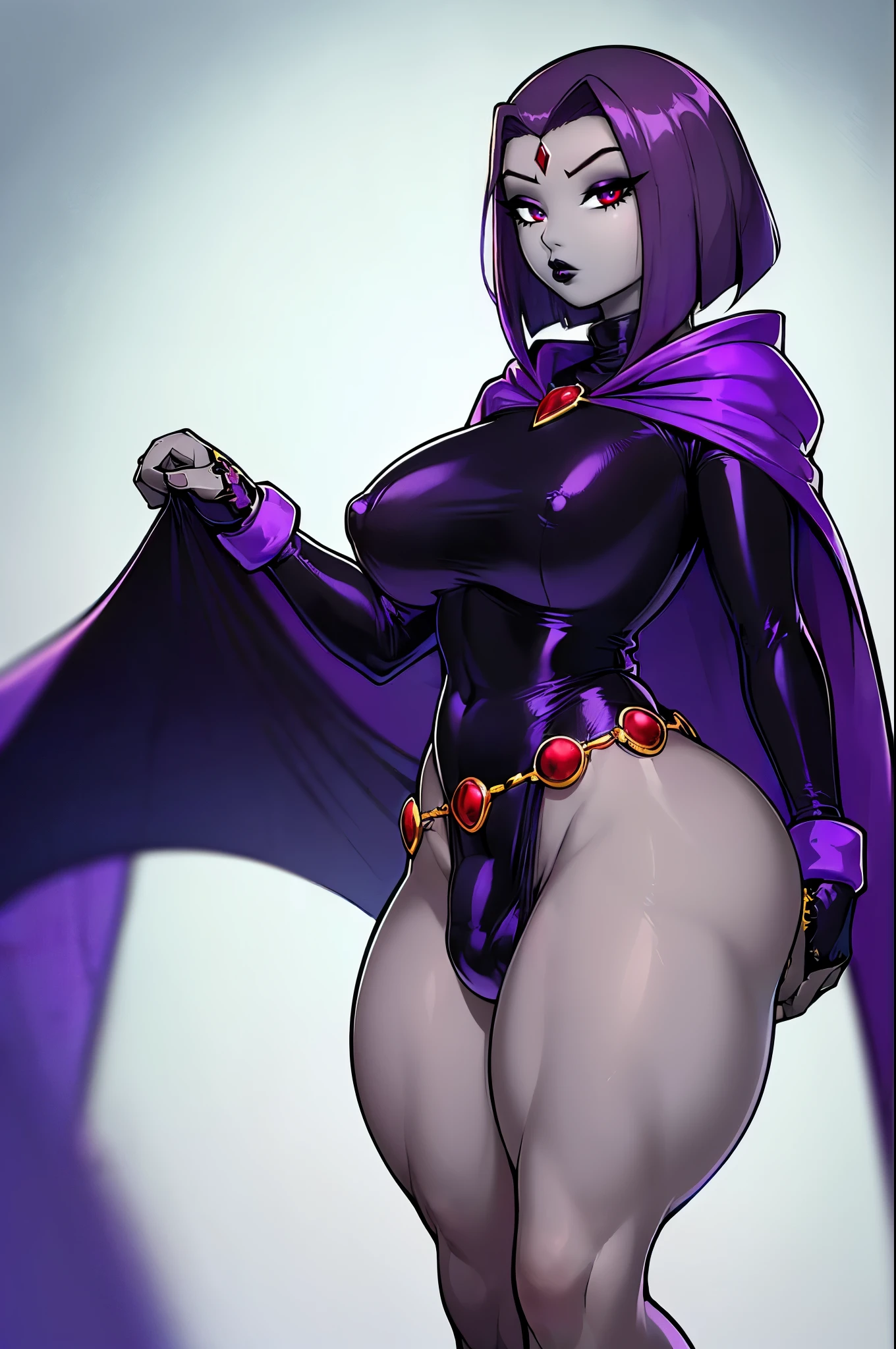 (solo:1.1),(masterpiece), (best quality:1.3),, (ultra detailed), (intricate), professional art, digital art, absurdres, shadraven, (Full body view:1.3), (far away view:1.1), 1girl, solo, (grey skin:1.4), dark purple hair, bob hair, dark purple eyes, hips wider than shoulders, pear shaped body, jewellery, detailed thighs, (thick thighs:1.3), red jewel in forehead, jewels, (long sleeved turtleneck leotard:1.4), (Red jewel Belt), (red jewel brooch), cuffs, small , nipple (raven long dark purple hooded cape), (Shadraven brooch:1.2), Shadraven jewel belt, Shadraven wearing a long sleeved leotard with a hooded cape and fingerless gloves, (long legs:1.3), ( detailed long thick veiny crotch bulge with veins showing through clothing:1.4), large penis, large cles, (side vking at viewer, (bubble butt) , gluteal crease, unial lighting,(Detailed ass),
