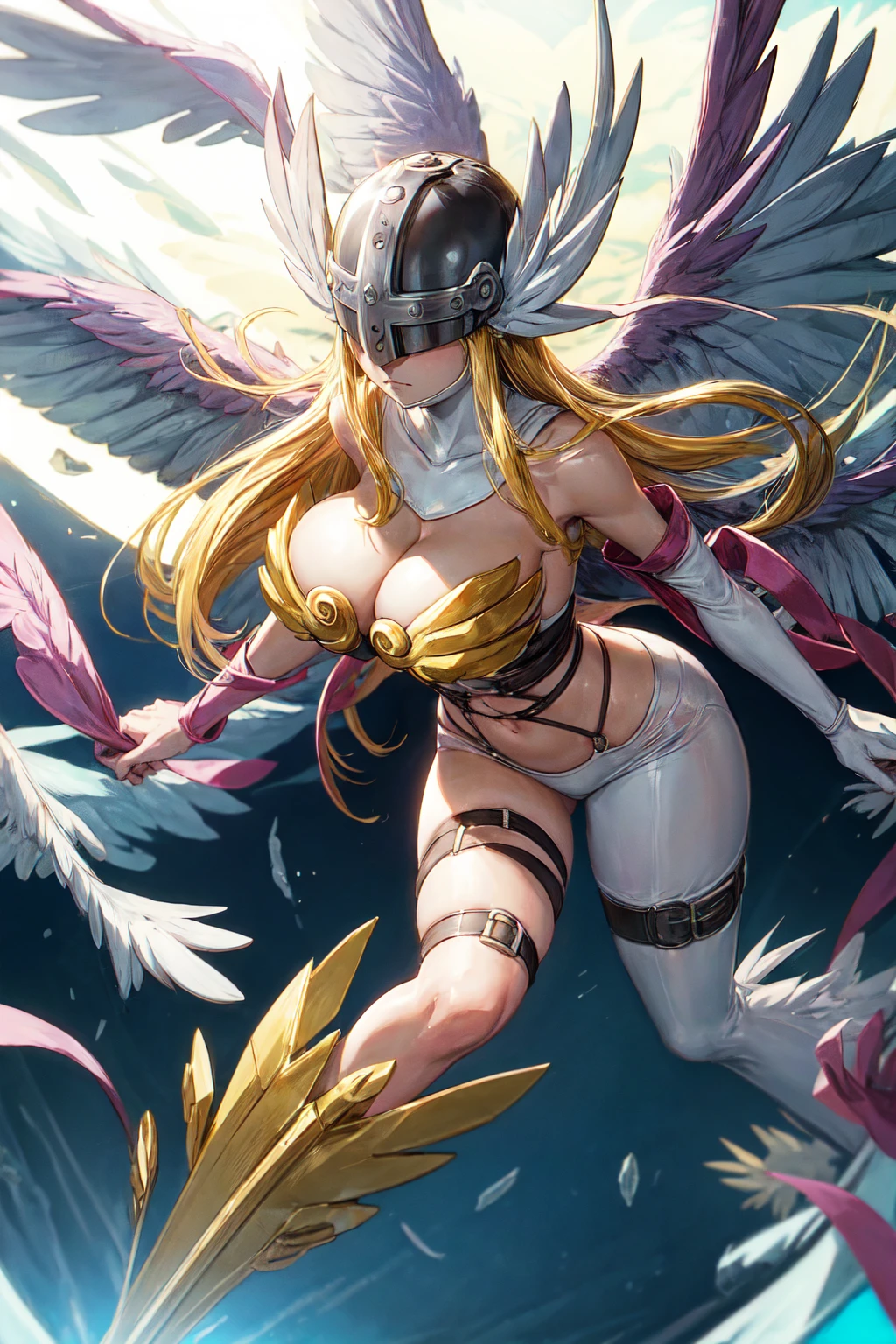 cuerpo completo, angewomon, long hair, breasts, blonde hair, large breasts, huge breasts, ribbon, navel, cleavage, bare shoulders, closed mouth, wings, o-ring, belt, thigh strap, helmet, head wings, feathered wings, facing viewer, angel wings, white wings, asymmetrical clothes, covered eyes, multiple wings, digimon (creature), winged helmet, anime screencap, (obra maestra:1.1), (La mejor calidad:1.1), (Colores vivos:1.1)